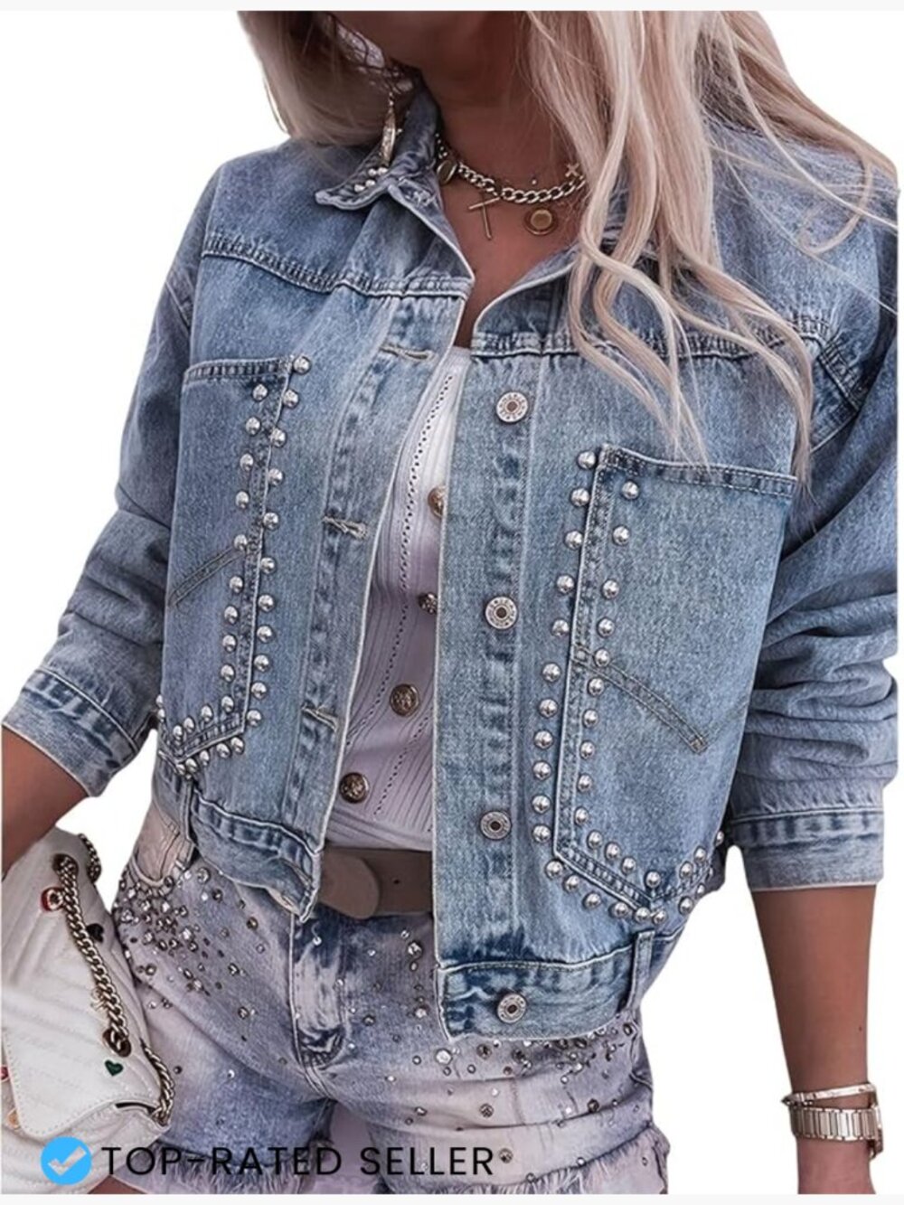 Cropped Denim Jacket Women Studded Vintage Rivet Jean Coat Distressed Punk Rock
